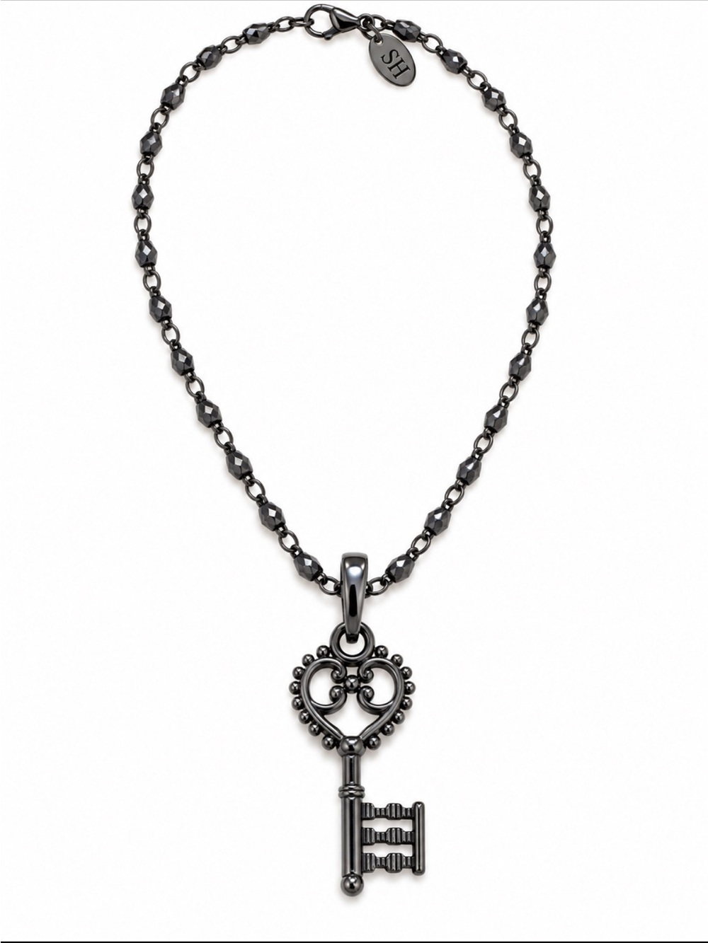 Delicate Gunmetal-Tone Faceted Station Link Chain with Skeleton Key NEW